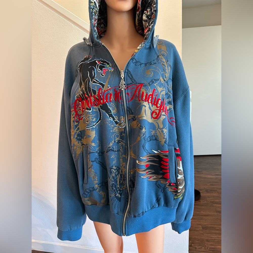 Christian Audigier Blue Hoodie with Red and Gold Accents